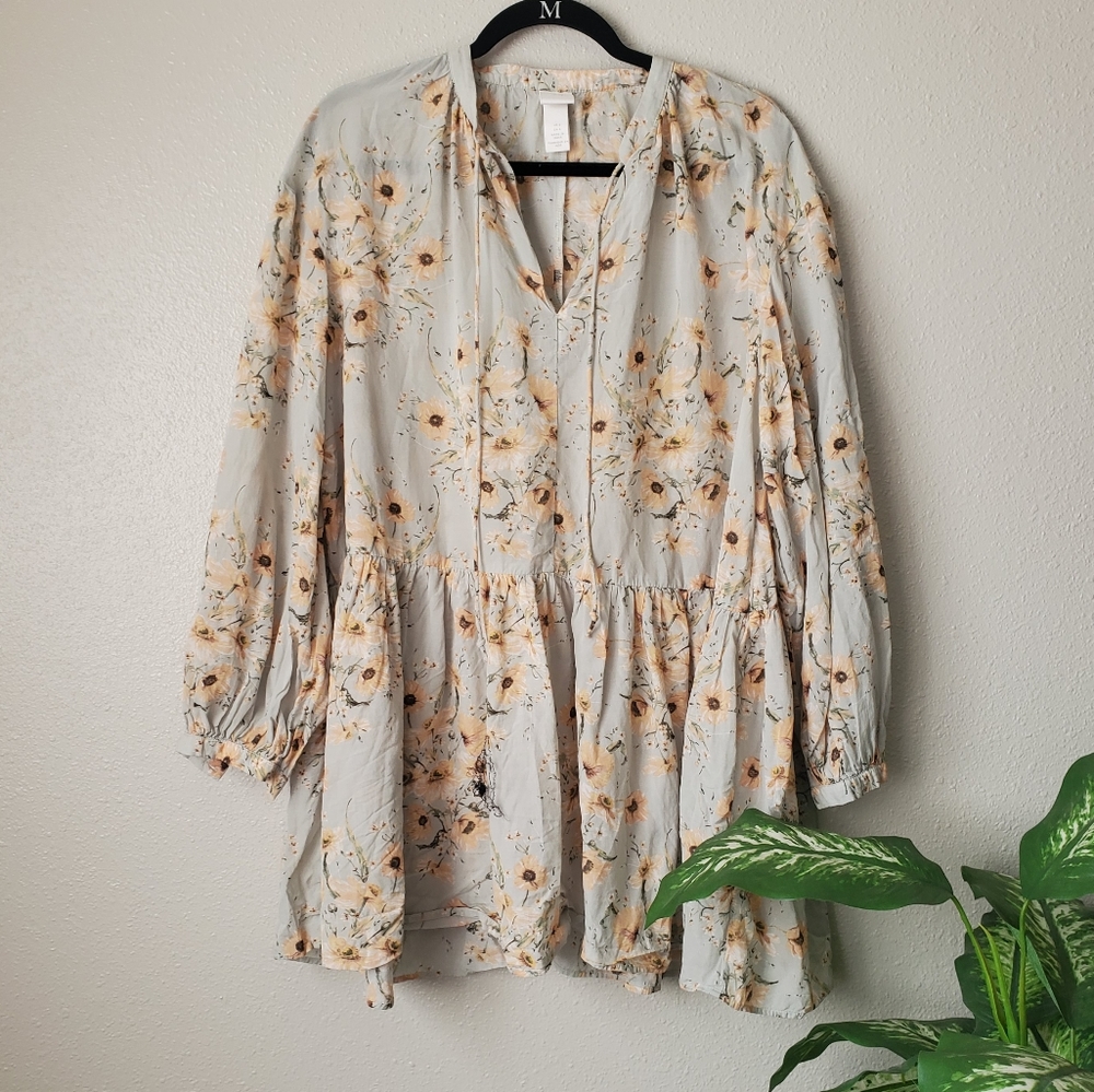 H&M Mint Green Sunflower Boho Flowy Tunic Dress Womens 6